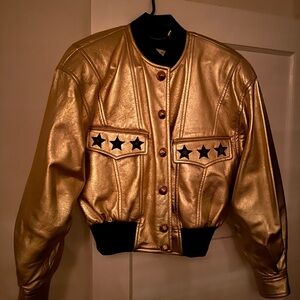 Escada Vintage Gold Leather Star-embellished Women's Bomber Jacket sz 42